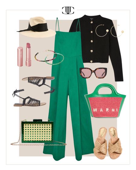 Emerald green is such a gorgeous, vibrant color to wear and this wide leg  jumpsuit is a great summer piece. 

Jumpsuit, wide leg, strappy sandal, cardigan, tote, cross body bag, fedora, sunglasses, sandals, summer outfit, casual outfit, summer look

#LTKshoecrush #LTKstyletip #LTKover40