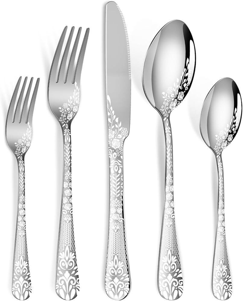 40 Piece Silverware Set, Stainless Steel Flatware Cutlery Set Service for 8, Mirror Polished Tabl... | Amazon (US)