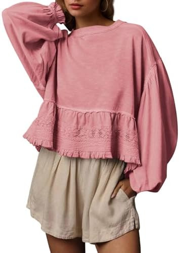 MISSACTIVER Women Oversized Crop Sweatshirts Crew Neck Long Puff Sleeve Lace Babydoll Top Casual ... | Amazon (US)