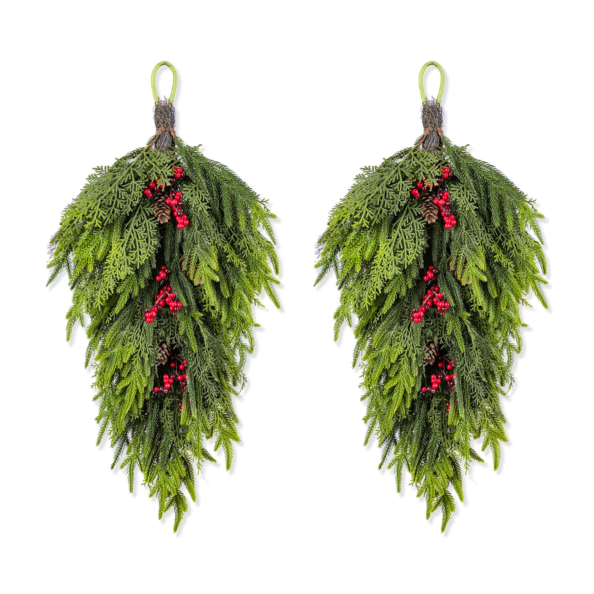 2-Piece 31.5"H Christmas Greenery PE Dripping Teardrop With Pinecones And Red Berries | Wayfair North America
