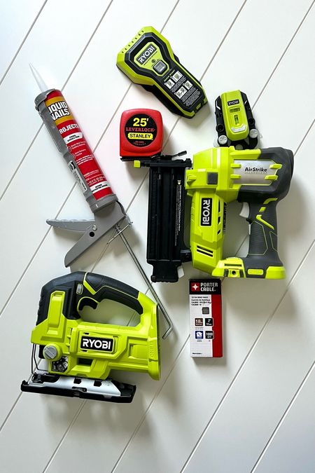 DIY shiplap panel wall – what you need to get started! Ryobi power tools at Home Depot and Lowe’s airstrike nail gun, jigsaw caulk, gun liquid nails, glue stud finder, laser level, tape, measure rod nails. Get started on your very own DIY project today home renovation.

#LTKunder100 #LTKmens #LTKhome