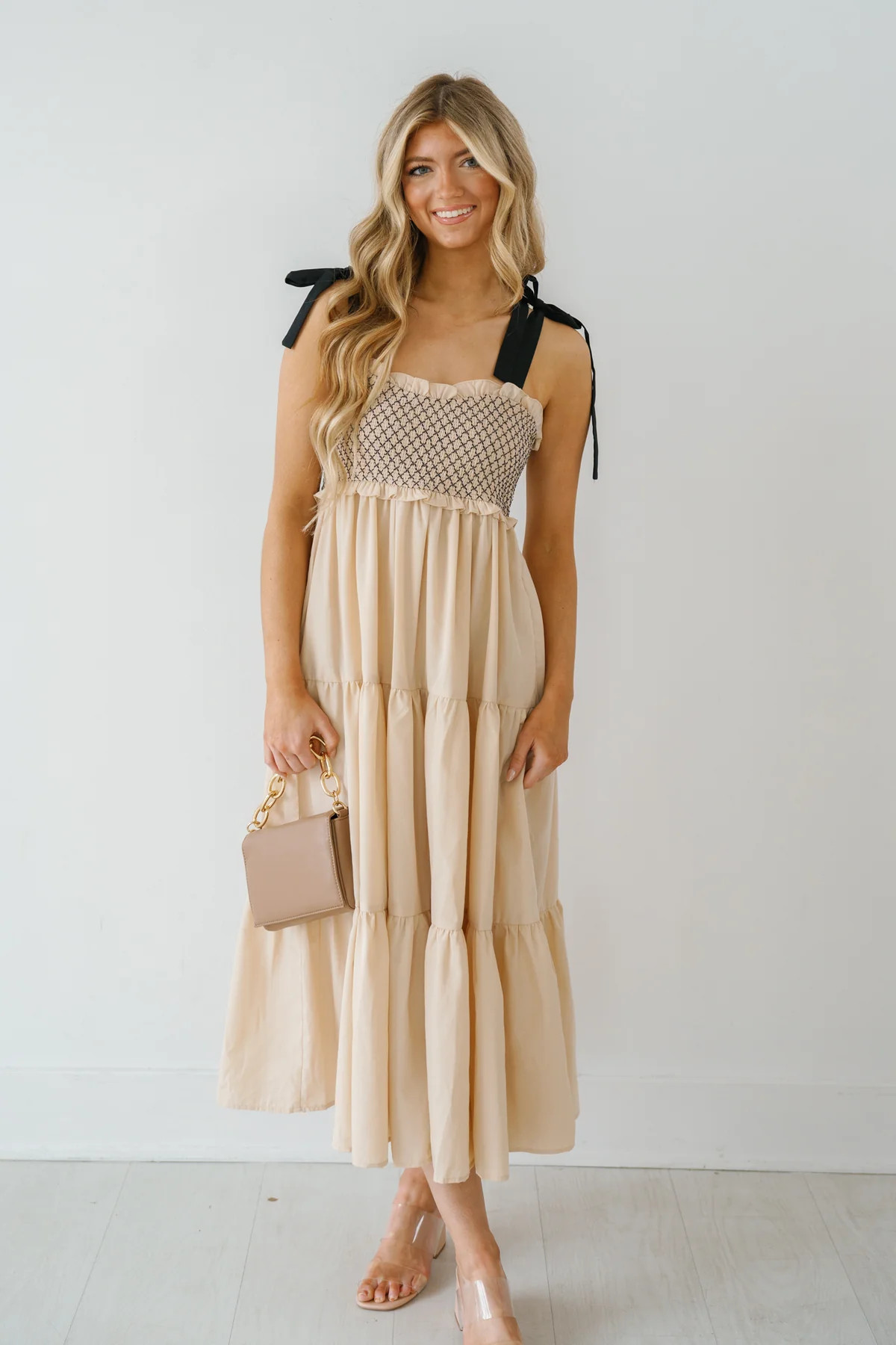 Rachael Shoulder Tie Maxi Dress - Beige | Landry Kate