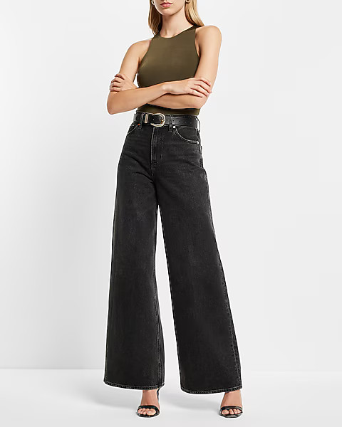 Super High Waisted Black Baggy Wide Leg Jeans | Express