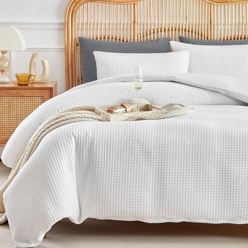 WARMDERN Waffle Weave Duvet Cover King Size, White Textured Duvet Cover Set, Soft and Breathable Comforter Cover, 3 Pieces Microfiber Bedding Set for All Season(White,King) | Amazon (US)