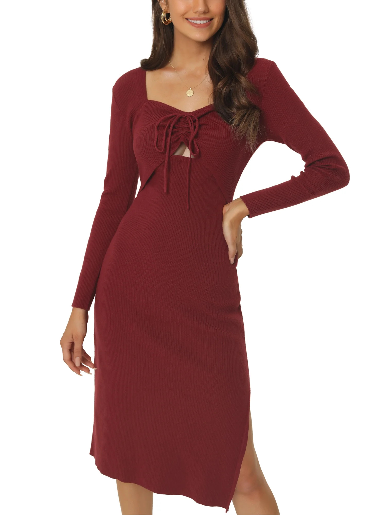 Seta T Women's Long Sleeve Sweetheart Neck Ruched Drawstring Side Slit Knit Bodycon Sweater Midi ... | Walmart (US)