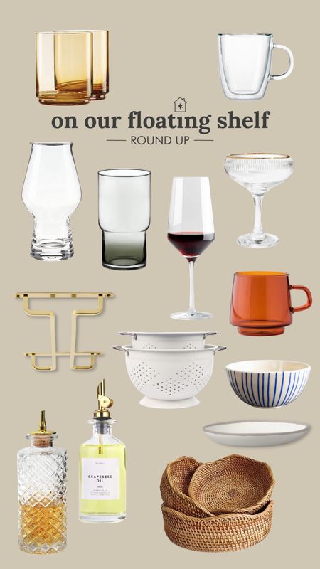 Glassware, mugs, and other kitchen items found on our floating shelf. 

#LTKFind #LTKhome
