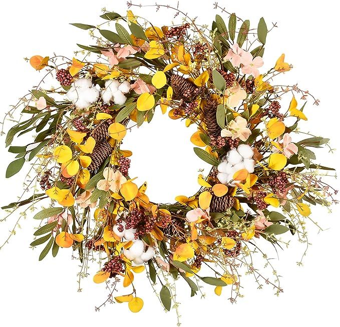 DearHouse 20 inch Fall Wreath for Front Door Wreath with Hydrangea Floral,Cotton, Pine Cone,Berri... | Amazon (US)