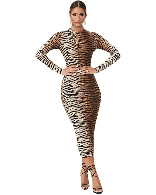 Women Sexy Long Sleeve Leopard Print Bodycon High Neck Long Midi Party Festival Clubwear | Amazon (US)