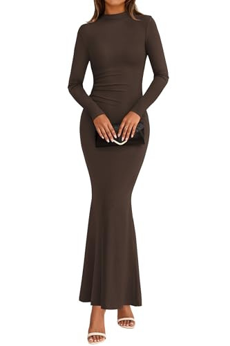dowerme Spring Dresses for Women 2026 Formal Mock Neck Long Sleeve Ruched Knit Bodycon Mermaid Maxi Wedding Guest Dress(Brown,Small) | Amazon (US)
