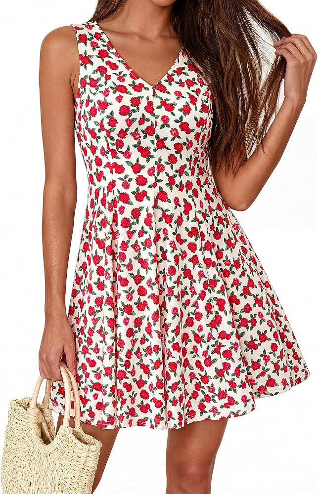 BTFBM Womens Summer Dresses 2026 Spring Casual Sleeveless Floral Knit Flowy A-Line Mini Dress Poc... | Amazon (US)