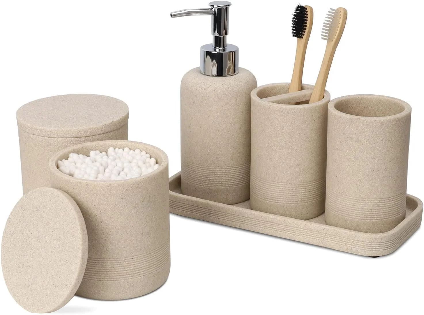 Beige Bathroom Accessories Set 6 Pcs - Toothbrush Holder, Lotion Soap Dispenser, 2 Qtip Holder Di... | Walmart (US)