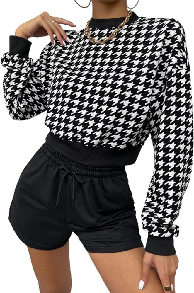 Milumia Women's Casual Houndstooth Drop Shoulder Long Sleeve Crop Tops Sweatshirt Tee | Amazon (US)