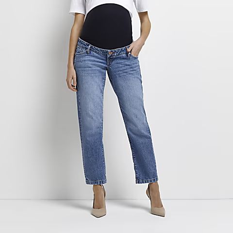 Blue mid rise maternity straight jeans | River Island (UK & IE)
