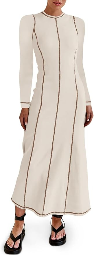 Wenrine Womens Long Sleeve Maxi Dress Contrast Stitch Ribbed Fuzzy Crewneck Slim Casual Fall Dres... | Amazon (US)