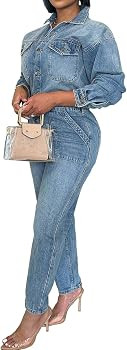 Denim Jumpsuit for Women Long Sleeve Button Down Jean Jumpsuit Stretch Slim Straight Leg Jeans Lo... | Amazon (US)