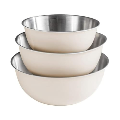 YUNYDSM Mixing Bowls, 3Pcs Stainless Steel Mixing Bowl Set, Thick Metal Nesting Basin for the Kitchen, Multifunctional, Stackable, Dishwasher Safe, 1.2/1.8/2.5L(Cream White) | Amazon (US)
