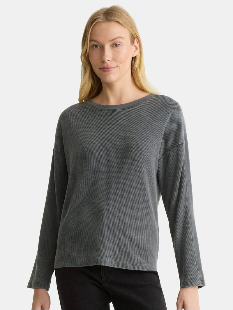 Time and Tru Women's Boxy Thermal Tee with Long Sleeves, Sizes XS-XXXL | Walmart (US)