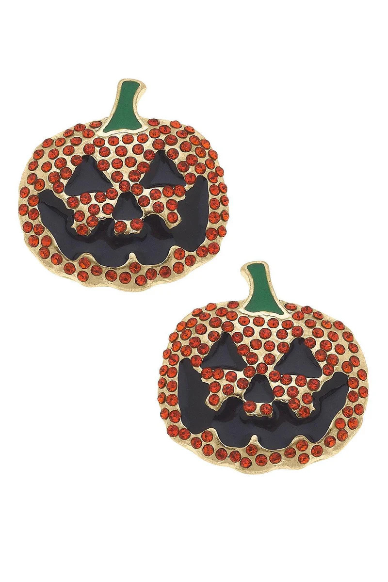 Jack-O'-Lantern Rhinestone-Studded Stud Earrings in Orange & Black | CANVAS