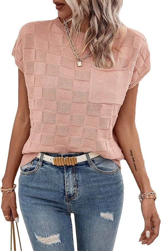 GORGLITTER Women's Short Sleeve Sweater Vest Crewneck Pocket Front Casual Solid Knit Pullover Top | Amazon (US)