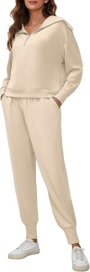Meladyan Women 2 Piece Tracksuit Half Zip Long Sleeve Lapel Sweatshirt High Waist Sweatpants Two ... | Amazon (US)
