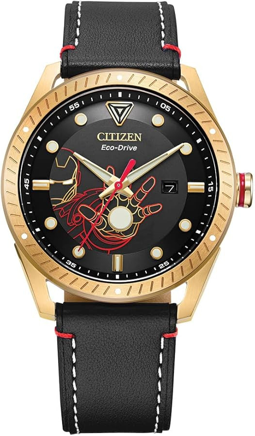 Citizen Eco-Drive Men's Marvel Tony Stark Gold Tone Stainless Steel Watch with Black Leather Stra... | Amazon (US)