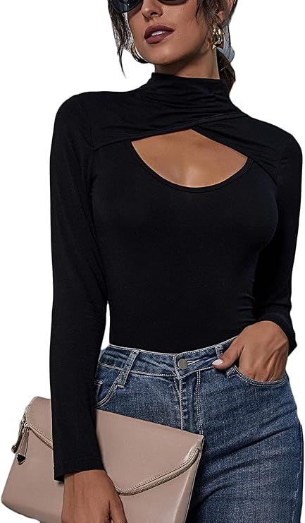 Romwe Women's Long Sleeve Cutout Wrap Front Mock Neck Slim Fit Tops Tee Shirts | Amazon (US)