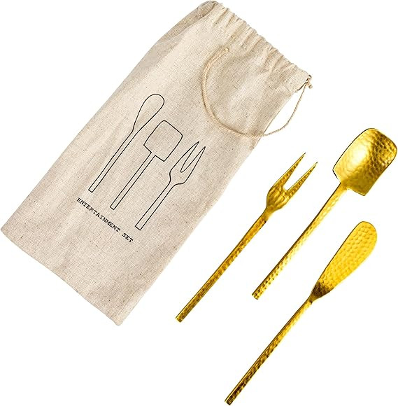 Bloomingville Hammered Stainless Steal Appetizer Utensils, Gold Finish, Set of 3 in Printed Draws... | Amazon (US)