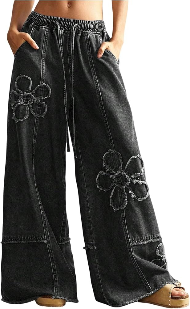 BEAUDRM Women's Y2K Floral Baggy Jeans Boho Wide Leg Jeans Low Rise Denim Pants Drawstring Elasti... | Amazon (US)