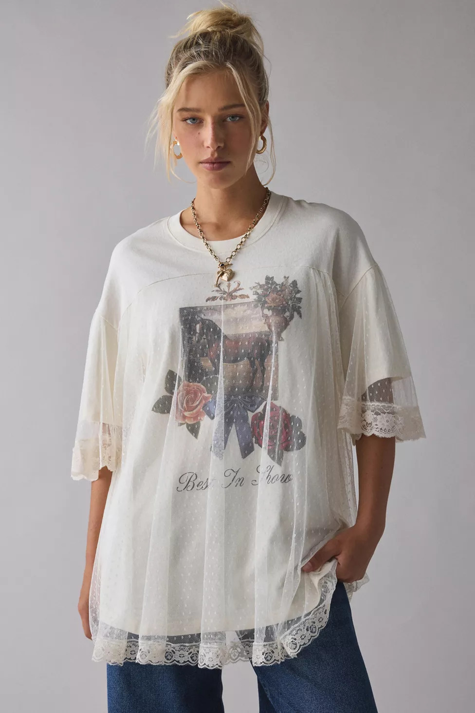 Kimchi Blue Show Stopper Tulle + Lace Layered Oversized Graphic Tee | Urban Outfitters (US and RoW)