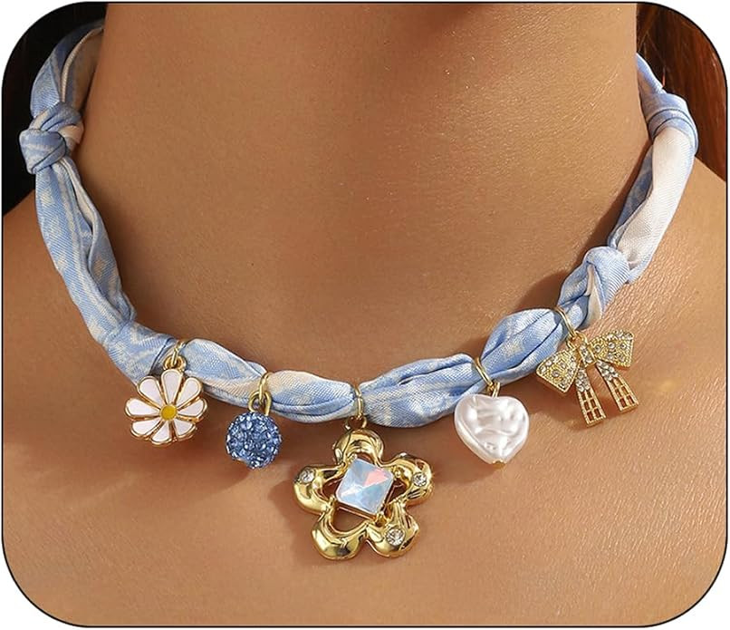 Silk Scarf Necklace for Women Flowers Crystal Heart Pearl Multi-Pendant Necklace Colorful Silk Ch... | Amazon (US)