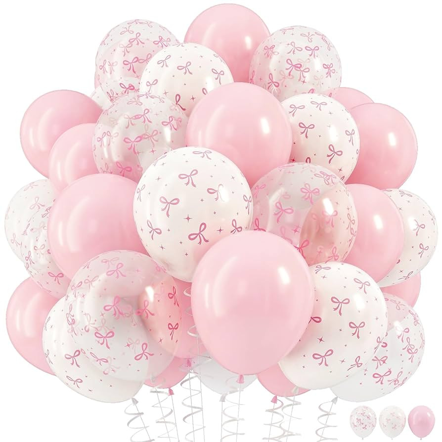 Pink Bow Balloons, 12 Inch Pastel Light Pink Transparent White Bow Print Coquette Balloon for Gir... | Amazon (US)