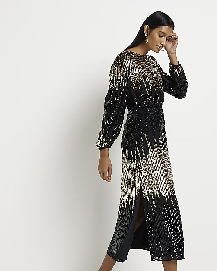Black sequin long sleeve smock maxi dress | River Island (UK & IE)