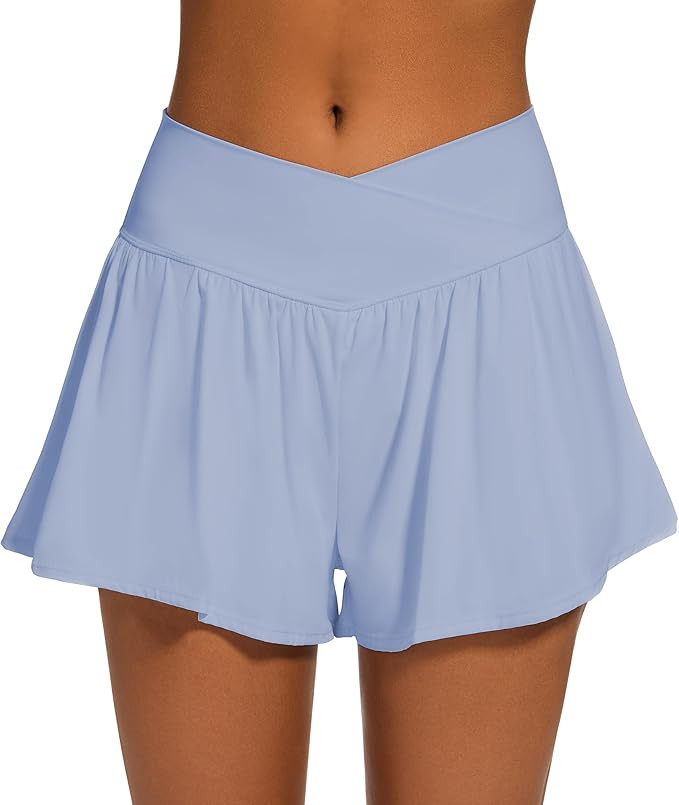 Womens Crossover Athletic Shorts Wide Waistband Flowy Tennis Sports Skorts with Pockets | Amazon (US)