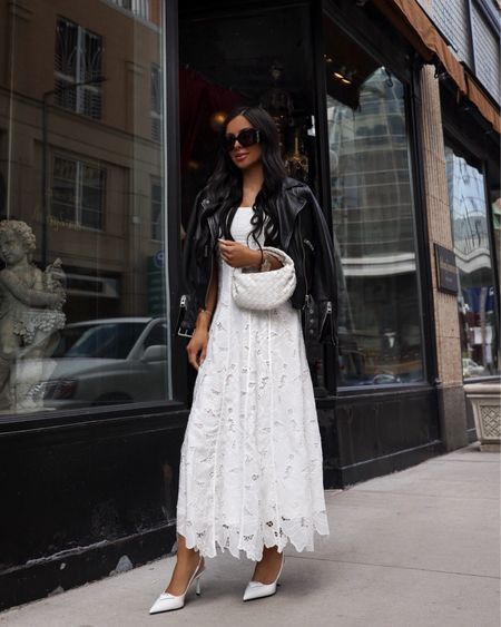 Casual spring outfit 
White spring lace dress wearing an XS
AllSaints leather jacket wearing a US 2
Prada white slingback pumps sized down by 1/2



#LTKSeasonal #LTKstyletip #LTKshoecrush