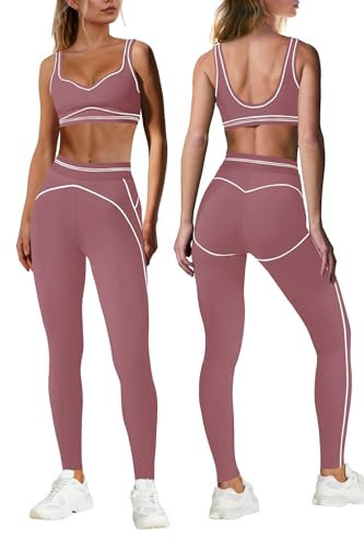 Nirovien Workout Sets for Women Athletic Gym Sets Activewear Workout Outfits Tummy Control Leggings and Bra(Mauve Red,XS) | Amazon (US)