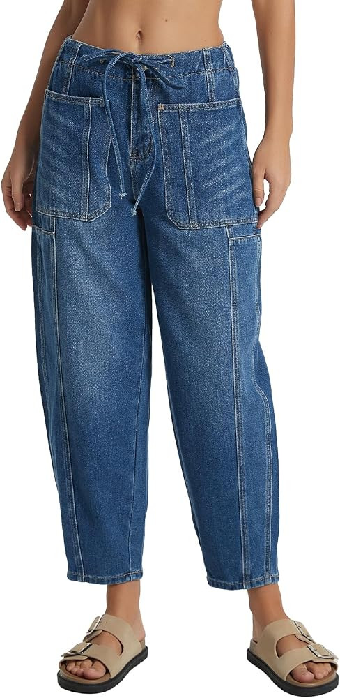 Women's Wide Leg Baggy Jeans Elastic Mid Rise Barrel Jean Loose Boyfriend Denim Pants with Drawst... | Amazon (US)