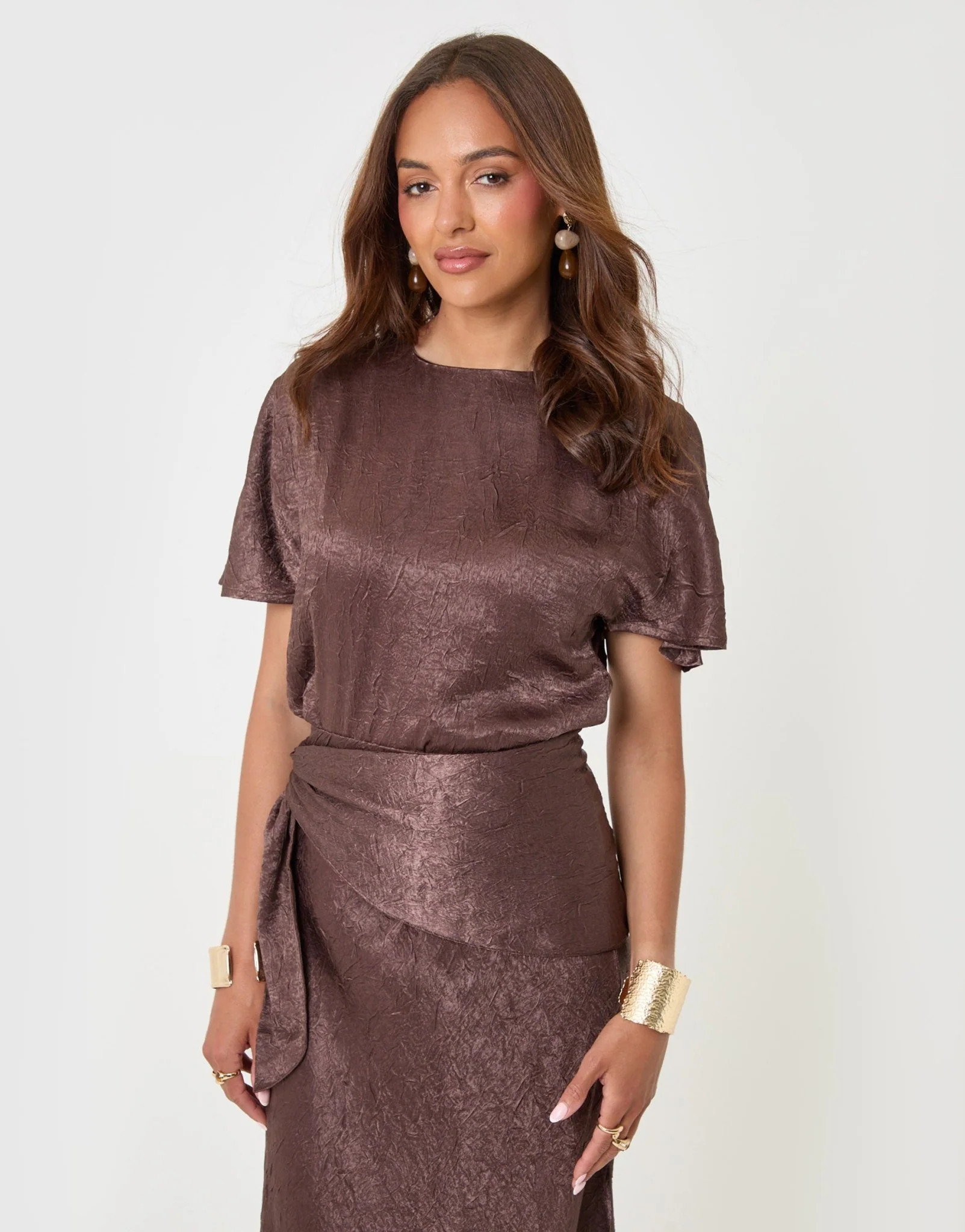 Crinkle Satin Batwing Top in Chocolate Brown | Threadbare UK