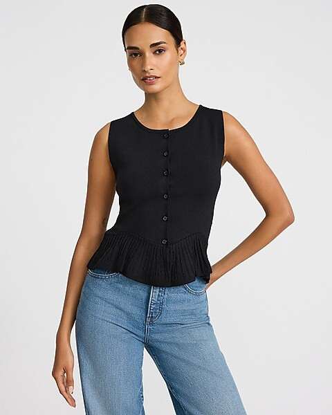 Crew Neck Button Front Pleated Peplum Sweater Vest Top | Express