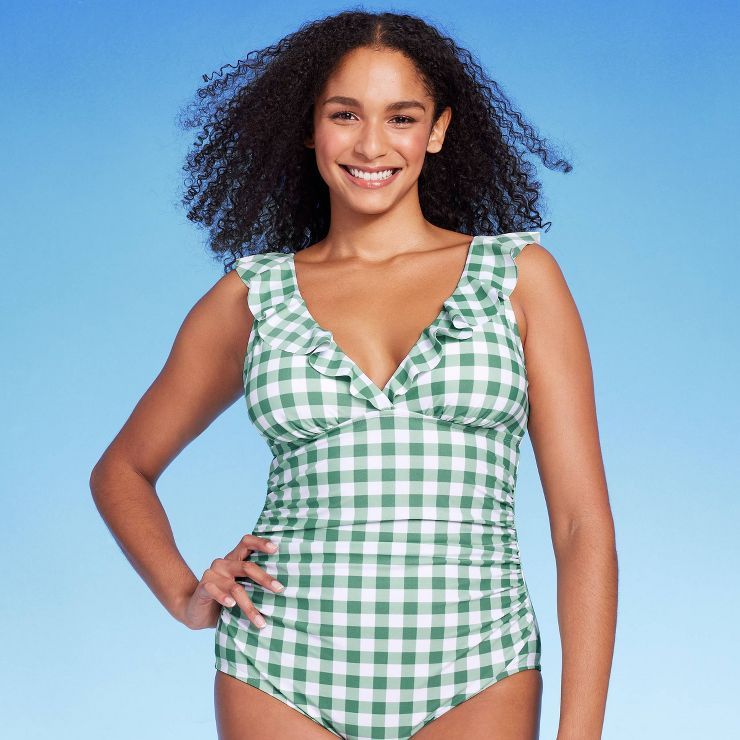 Women's Gingham Ruffle Full Coverage One Piece Swimsuit - Kona Sol™ Green Floral Print | Target