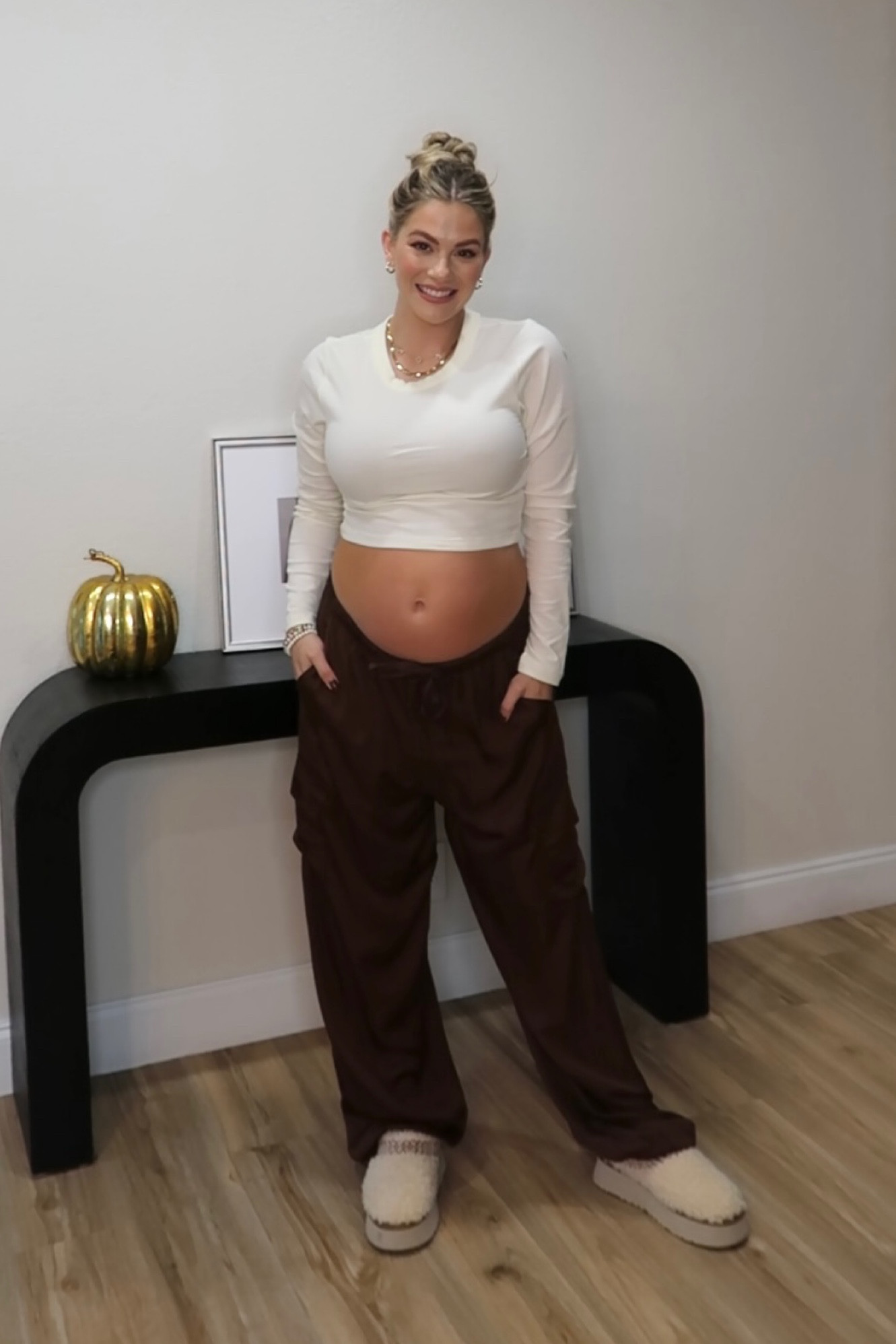 Casual cute trendy fall outfit: impressive quality tie waist cargo pants available in brown, black, and navy on sale now. Long sleeve ribbed crop also on sale from VS Pink. Paired with trending ugg Tazz platform slides in stock now 

#LTKshoecrush #LTKsalealert #LTKstyletip