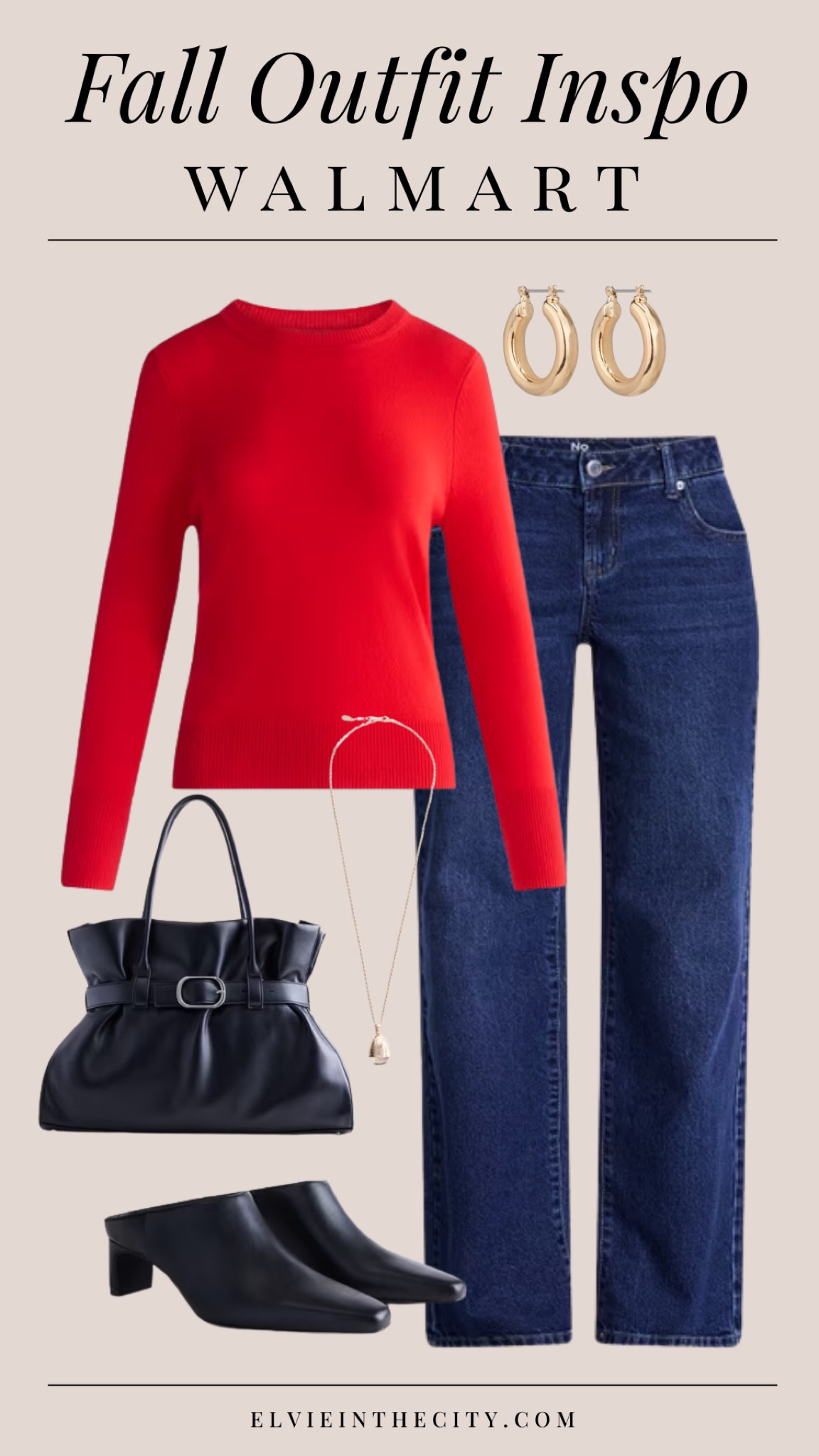 This fall outfit insp from Walmart includes a red crewneck sweater, dark denim straight leg jeans, a black shoulder bag, black heeled mule boots and a gold necklace and earrings. 

Ootd, fall outfit, fashion over 40, over 50 style, walmart fashion, affordable fashion

#LTKOver40 #LTKPetite #LTKootd
