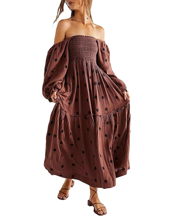 Floral Embroidered Maxi Dress, Long Puff Sleeve, Square Neck Bohemian Flowy Dress | Amazon (US)