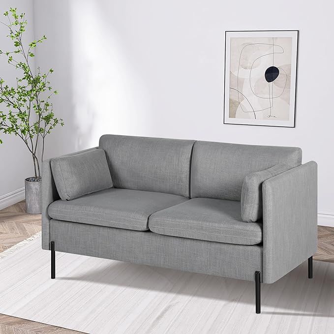 LINLUX Grey Fabric Loveseat Sofa Couch for Living Room, 55''W, 2 Pillows and Iron Legs, Mid Centu... | Amazon (US)