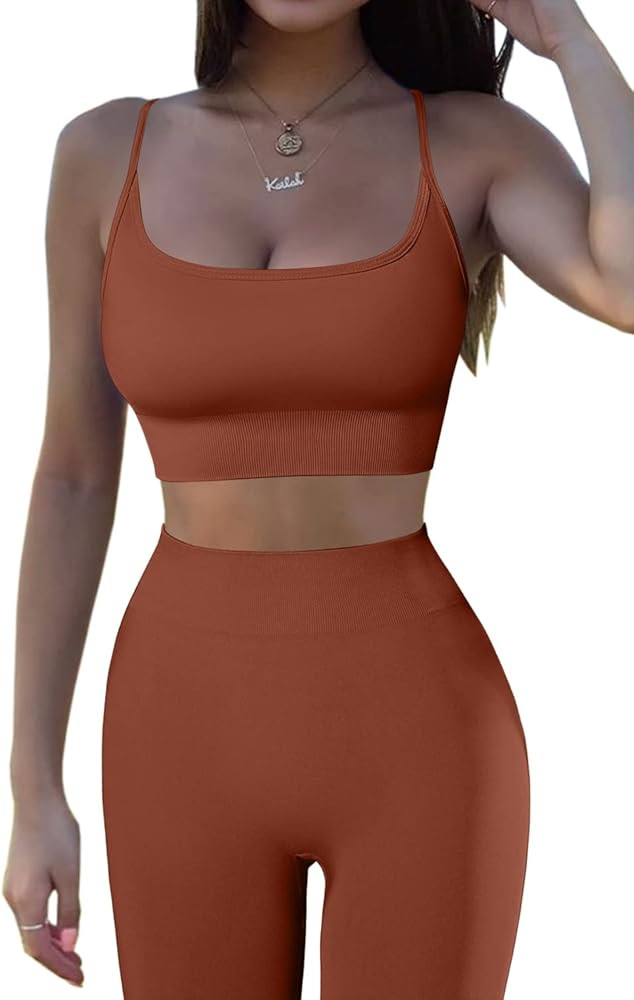 QINSEN Women 2 Piece Workout Outfits Sports Bra Seamless Leggings Yoga Gym Activewear Set | Amazon (US)