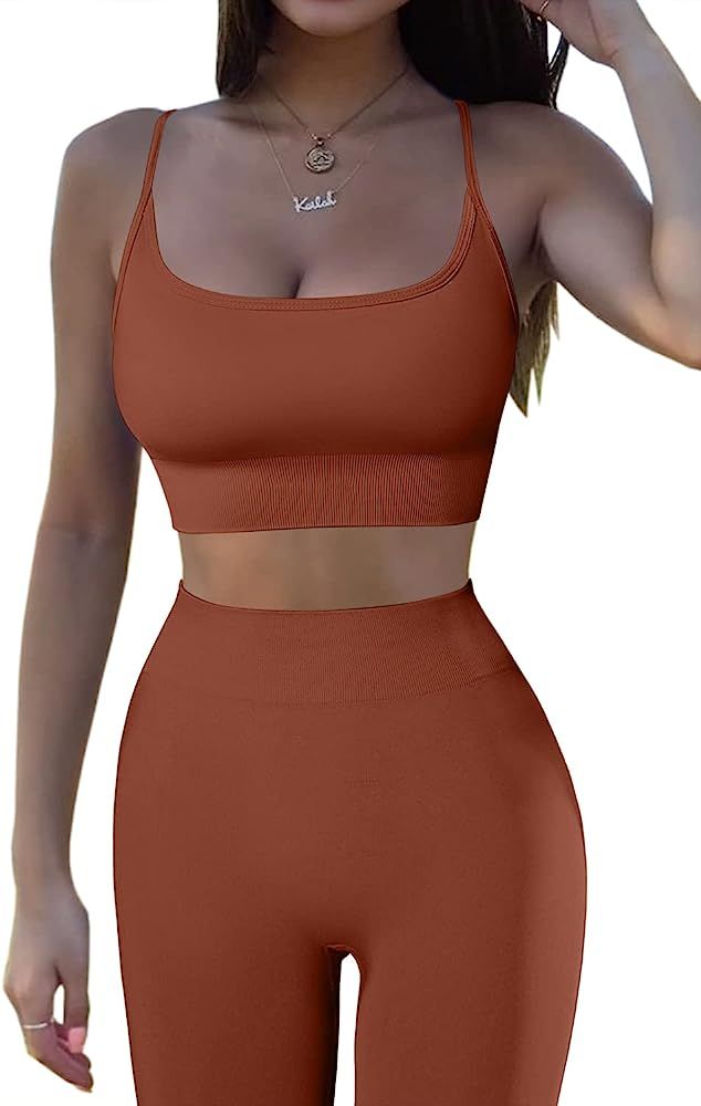 QINSEN Women 2 Piece Workout Outfits Sports Bra Seamless Leggings Yoga Gym Activewear Set | Amazon (US)