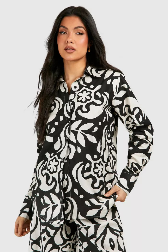 Maternity Abstract Print Linen Look Oversized Shirt | boohoo (US & Canada)
