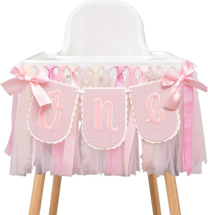 Pink Gingham Highchair Banner 1st Birthday | Amazon (US)