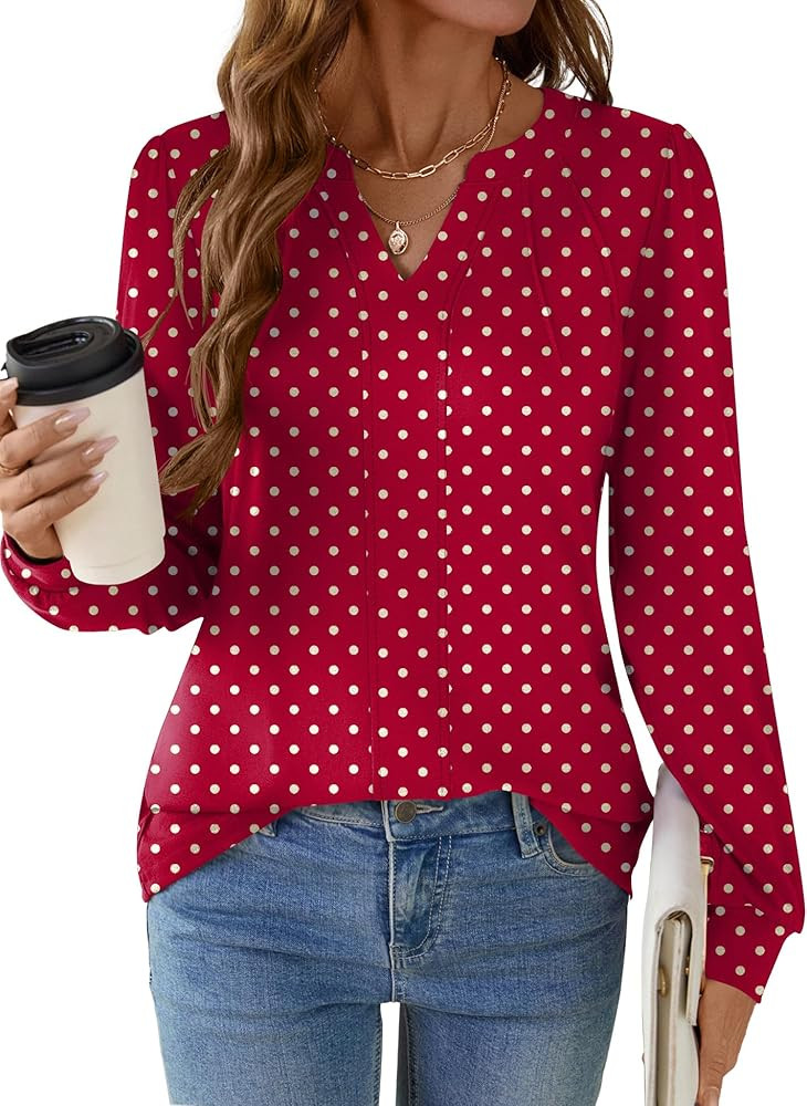 AKEWEI Womens Long Sleeve V Neck Shirts Pleated Business Casual Blouses Fall Loose Tunic Tops | Amazon (US)