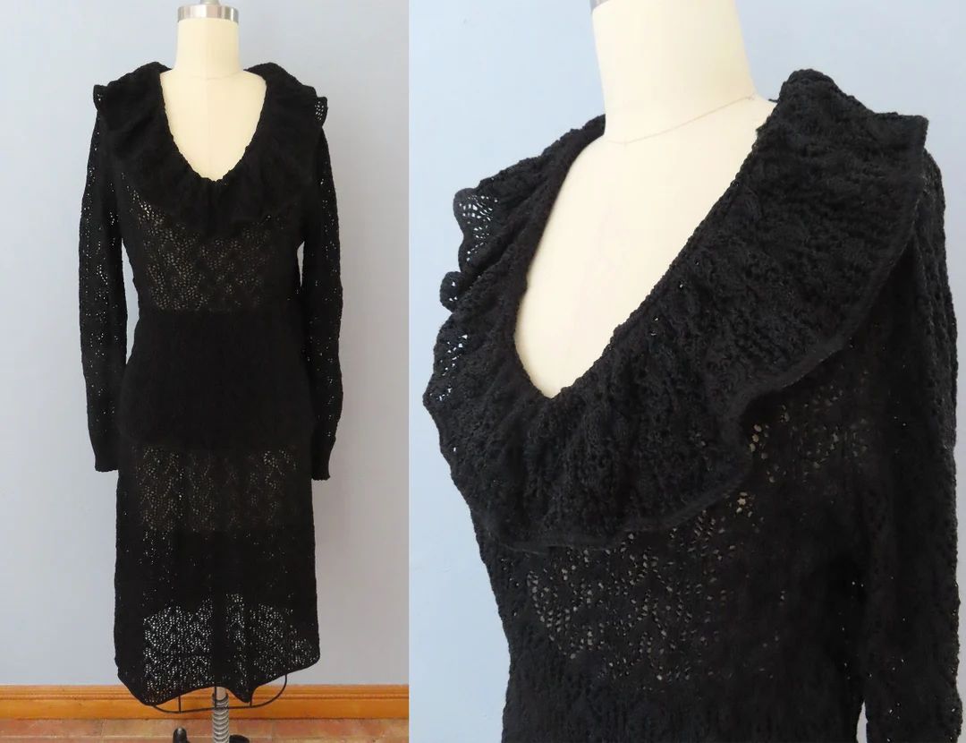 vintage 70s 2 piece black crochet top skirt set | size medium | boho chic dress | 70s crochet dre... | Etsy (US)