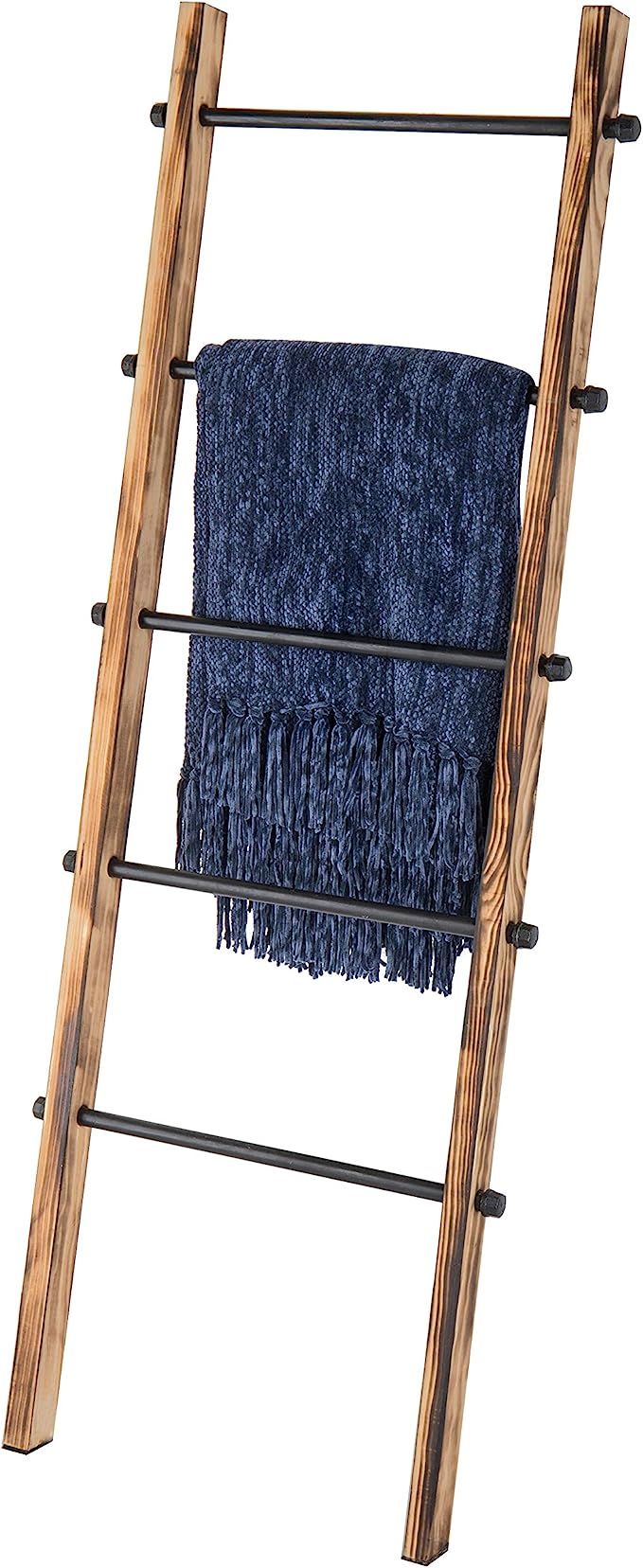 MyGift 5-ft Urban Rustic Wall-Leaning Burnt Wood & Metal Quilt Blanket and Towel Storage Ladder S... | Amazon (US)